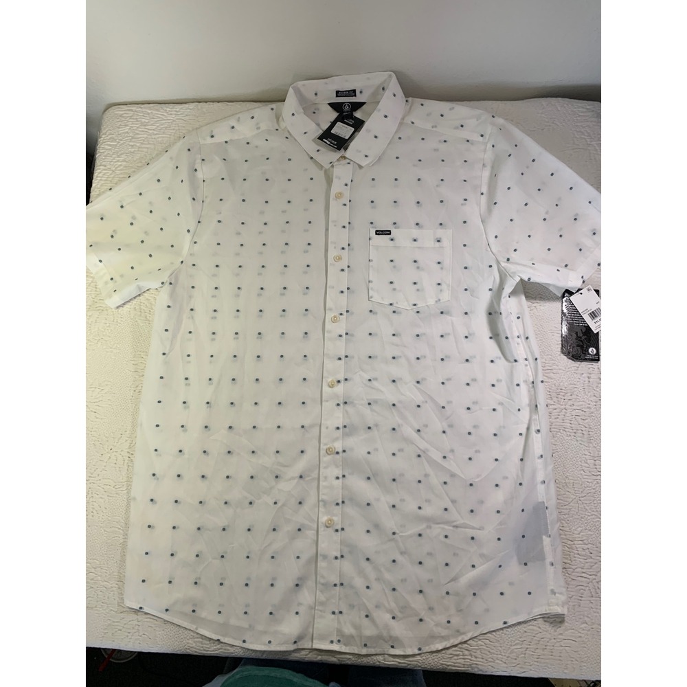 Volcom Stallcup Mens XXL White Blue Geo Print Short Sleeve Button Down Shirt NEW